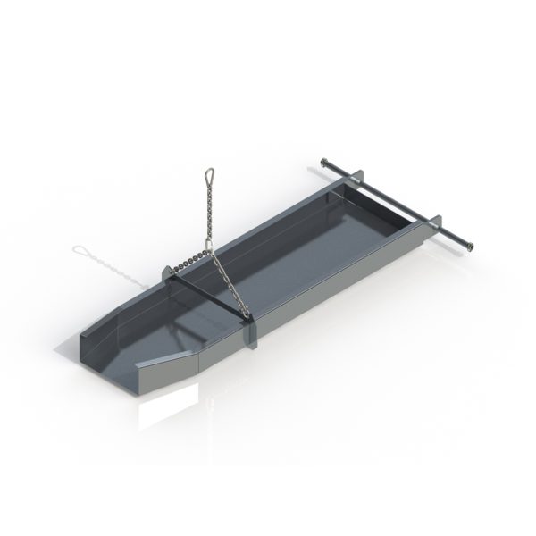 Metal tray hanging from chains on white background