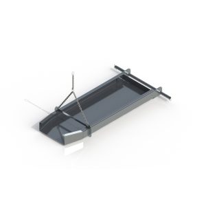 Metal tray hanging from chains on white background