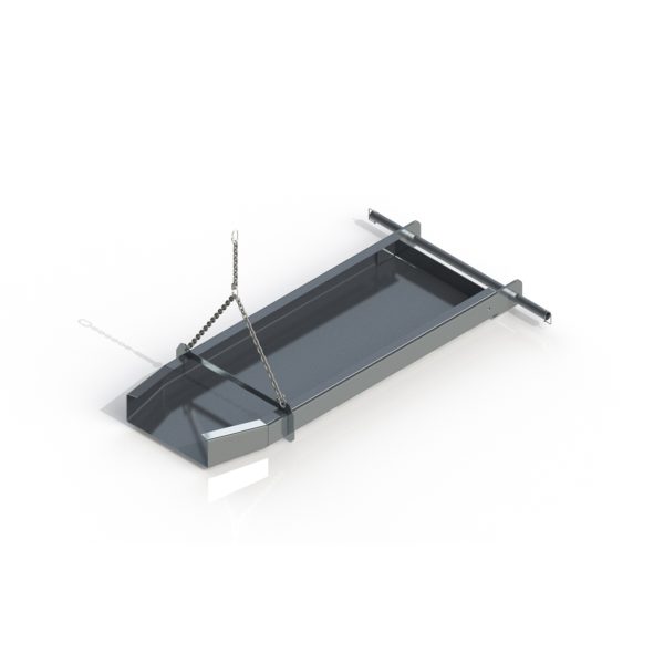 Metal tray hanging from chains on white background