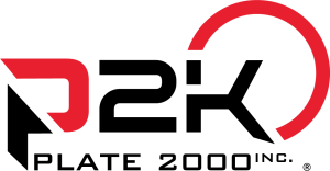 Black and red logo with letters P2K on gray background
